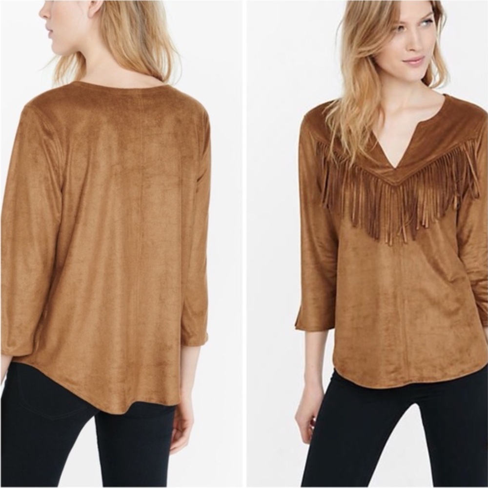 Express Black Faux Suede V-neck Fringe Top - Picture 2 of 3